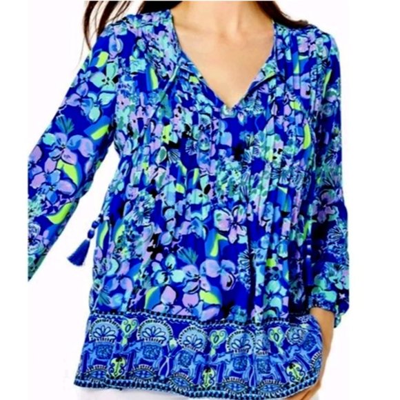 Lilly Pulitzer SIZE MEDIUM Marilina Tunic Tassels Blue Grotto Twilight Tropics - Picture 5 of 5